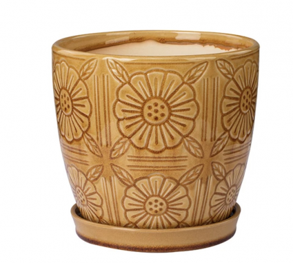 Large Brown Floral Tile Pattern Ceramic Planter with Saucer 7.25″