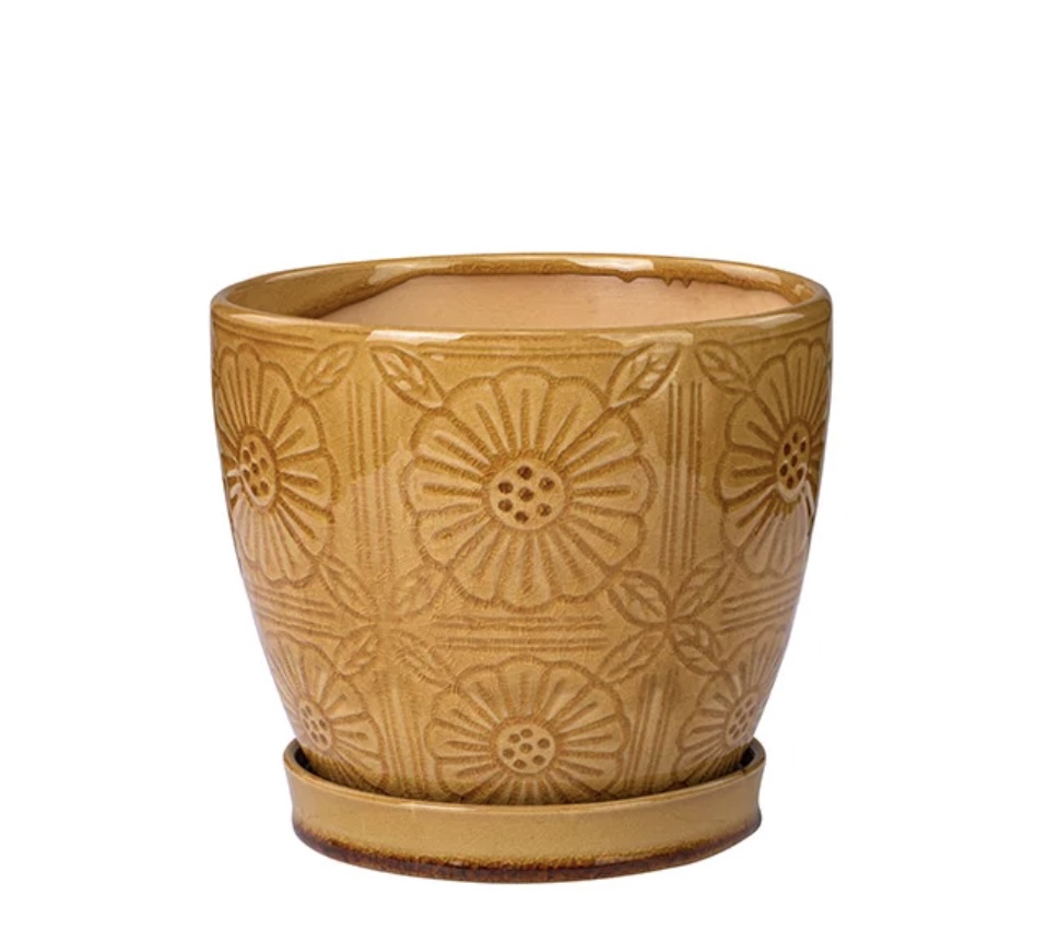 Brown Floral Tile Pattern Ceramic Planter with Saucer 6.25″