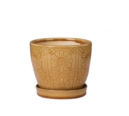 Brown Floral Tile Pattern Ceramic Planter with Saucer 5″