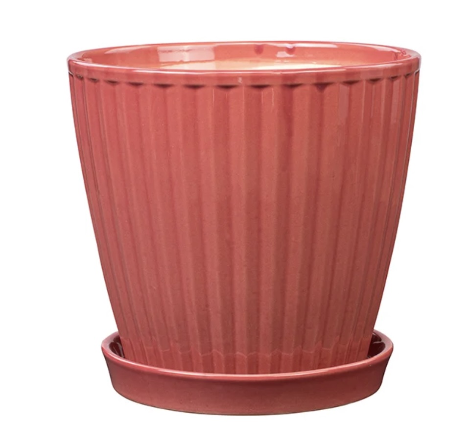 Large Dusty Rose Ribbed Ceramic Planter with Saucer