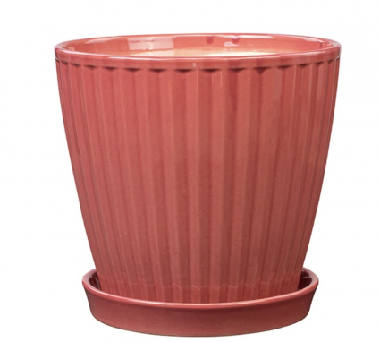 Large Dusty Rose Ribbed Ceramic Planter with Saucer