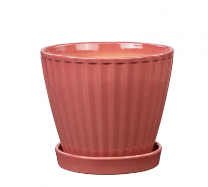 Dusty Rose Ribbed Ceramic Planter with Saucer 6″