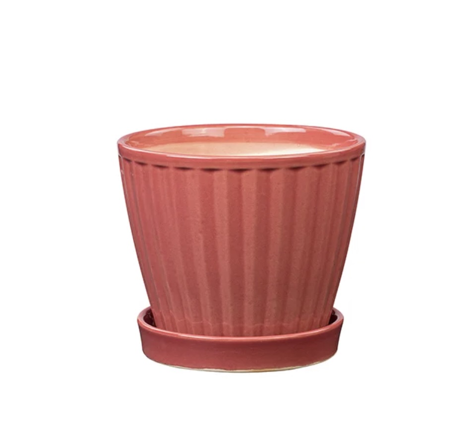 Dusty Rose Ribbed Ceramic Planter with Saucer 5″