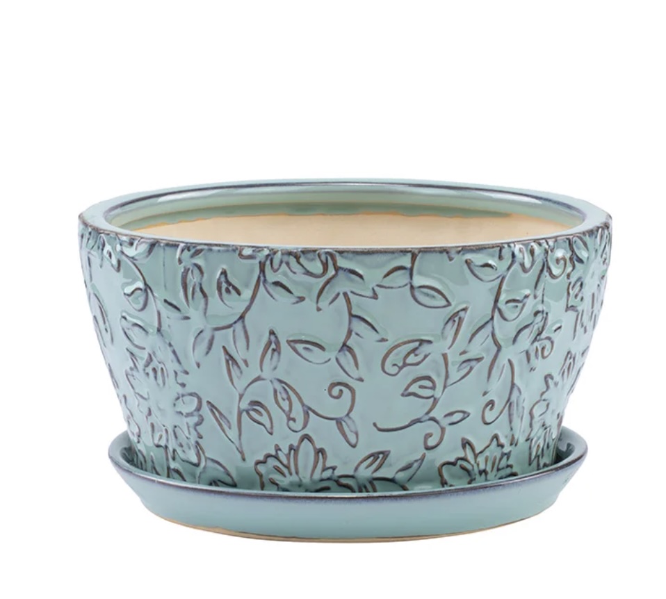 Large Light Blue Floral Ceramic Dish Garden with Saucer 8.75″