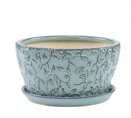 Large Light Blue Floral Ceramic Dish Garden with Saucer 8.75″