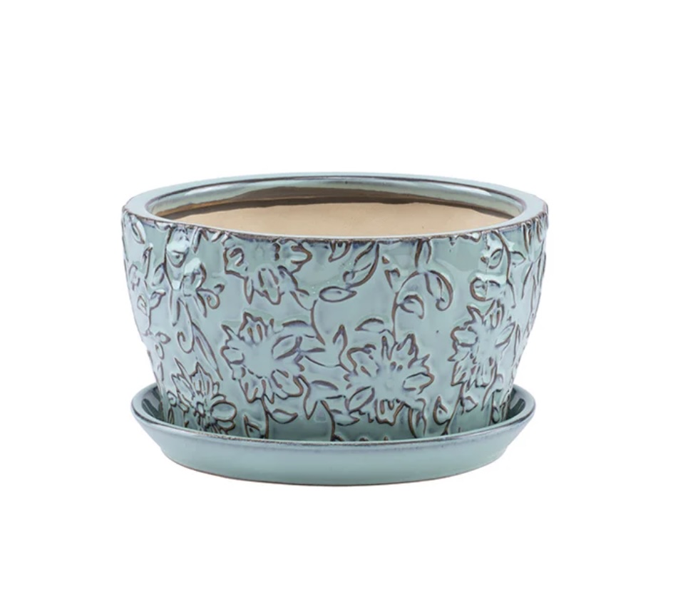 Light Blue Floral Ceramic Dish Garden with Saucer 7"
