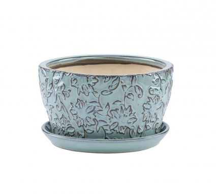 Light Blue Floral Ceramic Dish Garden with Saucer 7"