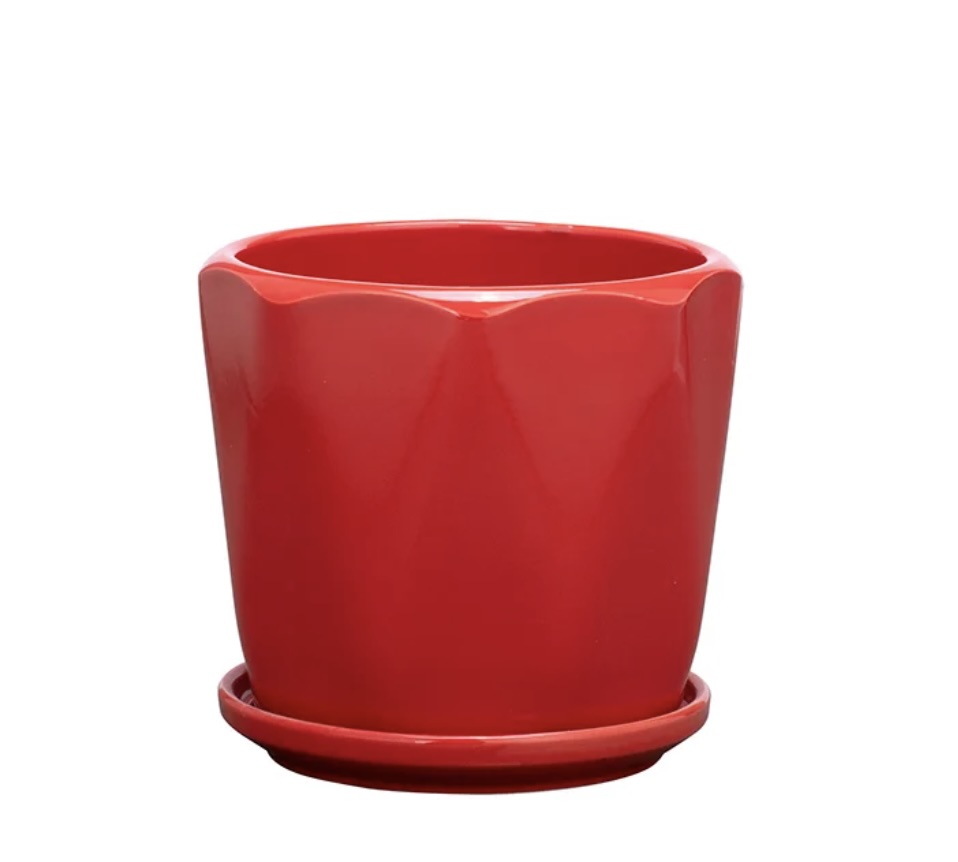 Large Red Geometric Ceramic Planter with Saucer