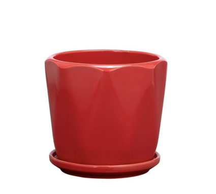 Large Red Geometric Ceramic Planter with Saucer