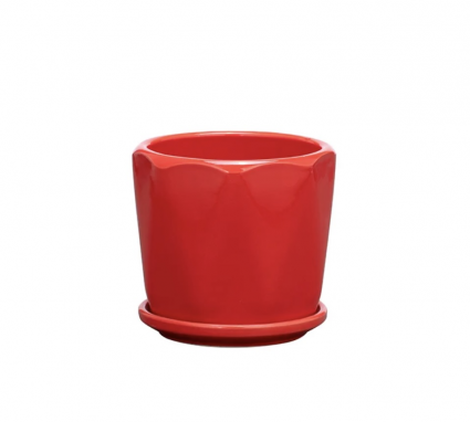Medium Red Geometric Ceramic Planter with Saucer