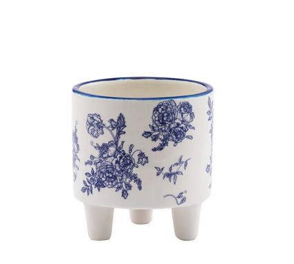 Blue and White Floral Ceramic Footed Planter 3.5″