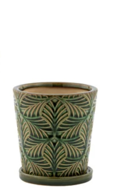 Green Leaf Ceramic Planter with Saucer 4.25"