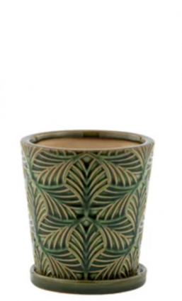 Green Leaf Ceramic Planter with Saucer 4.25"