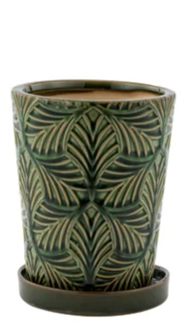 Green Leaf Ceramic Planter with Saucer 4.75"