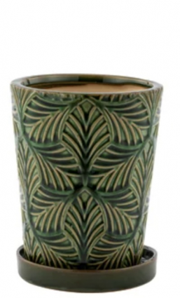 Green Leaf Ceramic Planter with Saucer 4.75"