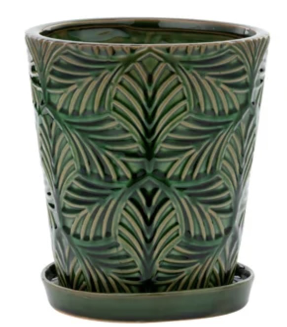 Green Leaf Ceramic Planter with Saucer 6.25″