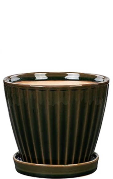 Green Ribbed Ceramic Planter with Saucer 6"