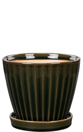 Green Ribbed Ceramic Planter with Saucer 6"