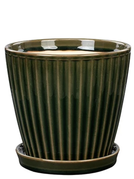 Green Ribbed Ceramic Planter with Saucer 7.25"