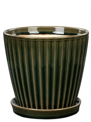 Green Ribbed Ceramic Planter with Saucer 7.25"