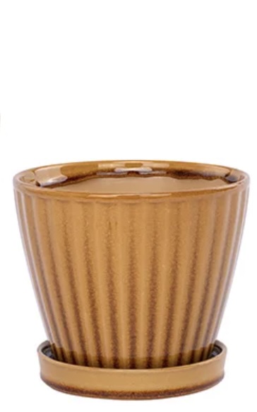Toffee Ribbed Ceramic Planter with Saucer 6"