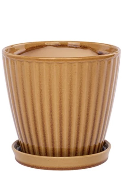 Toffee Ribbed Ceramic Planter with Saucer 7.25"