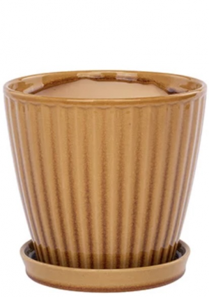 Toffee Ribbed Ceramic Planter with Saucer 7.25"
