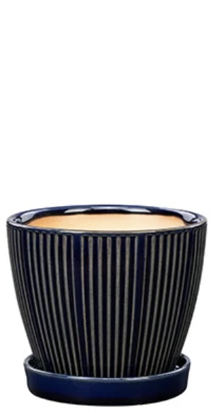 Dark Blue Ribbed Ceramic Planter with Saucer 5"