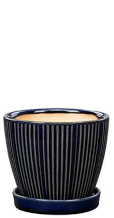 Dark Blue Ribbed Ceramic Planter with Saucer 5"