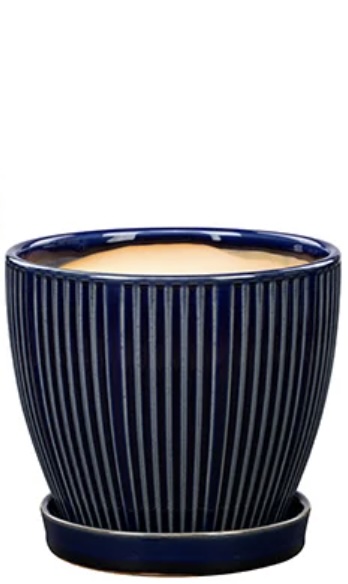 Dark Blue Ribbed Ceramic Planter with Saucer 6"