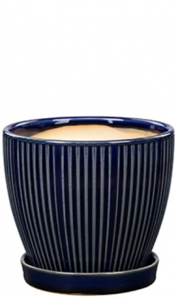 Dark Blue Ribbed Ceramic Planter with Saucer 6"