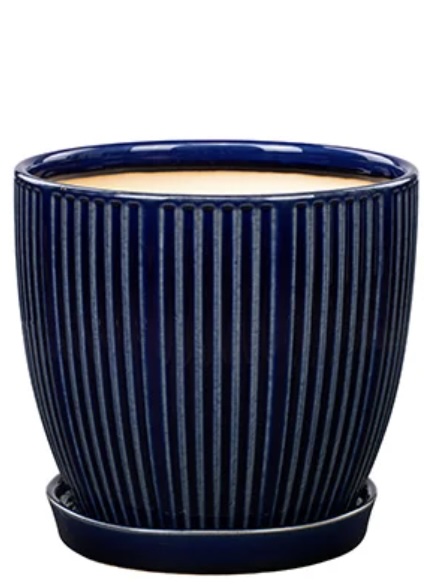 Dark Blue Ribbed Ceramic Planter with Saucer 7.25"