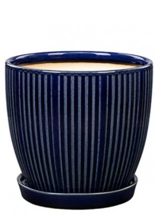 Dark Blue Ribbed Ceramic Planter with Saucer 7.25"