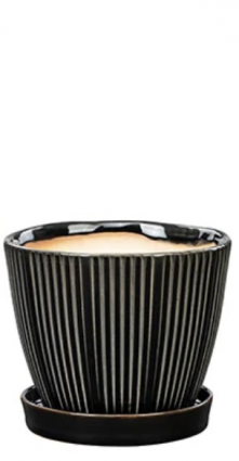 Black Ribbed Ceramic Planter with Saucer 5"