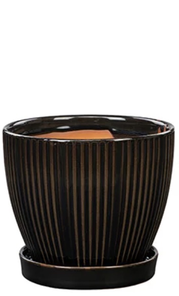 Black Ribbed Ceramic Planter with Saucer 6"