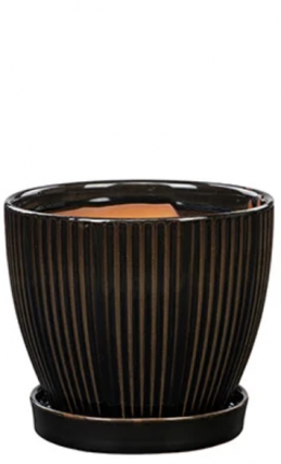 Black Ribbed Ceramic Planter with Saucer 6"