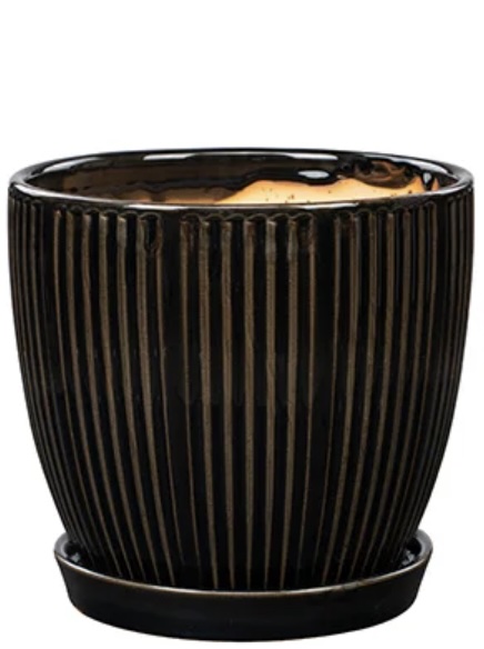 Black Ribbed Ceramic Planter with Saucer 7.25"
