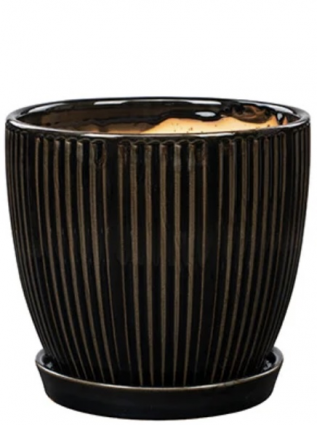 Black Ribbed Ceramic Planter with Saucer 7.25"