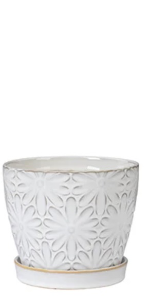 White Daisy Ceramic Planter with Saucer 5"