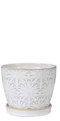 White Daisy Ceramic Planter with Saucer 5"
