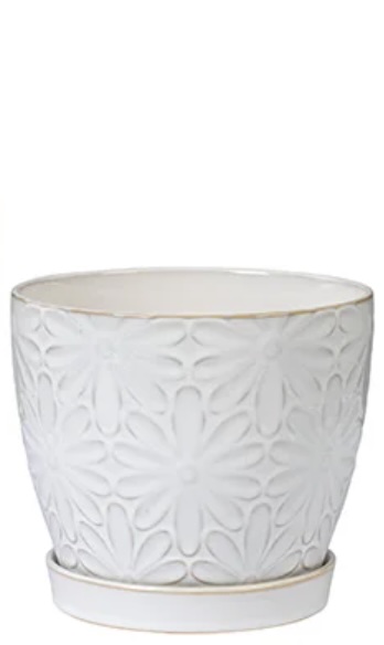 White Daisy Ceramic Planter with Saucer 6"