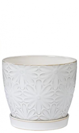 White Daisy Ceramic Planter with Saucer 6"