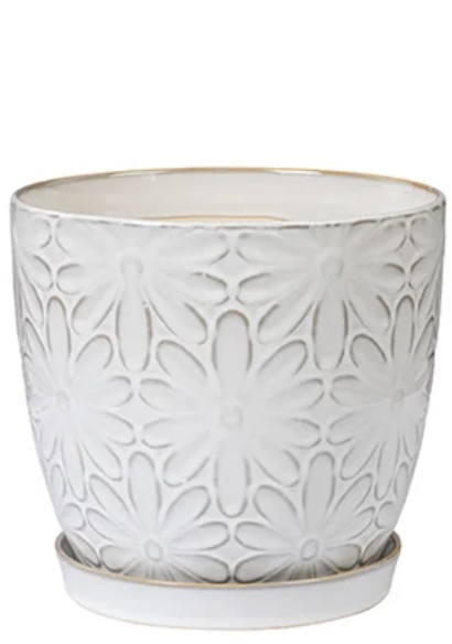 White Daisy Ceramic Planter with Saucer 7.5"