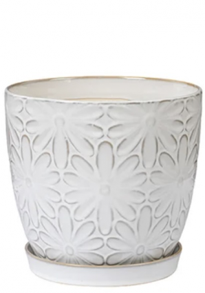 White Daisy Ceramic Planter with Saucer 7.5"