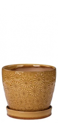 Mustard Yellow Daisy Ceramic Planter with Saucer 5"