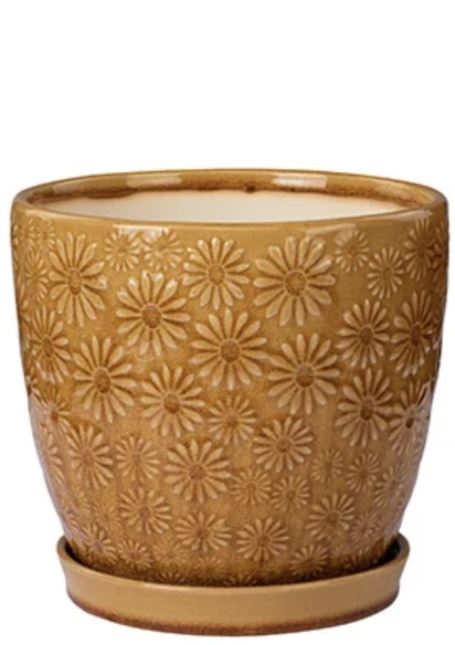 Mustard Yellow Daisy Ceramic Planter with Saucer 7.25"