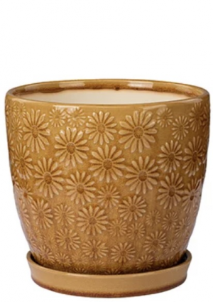 Mustard Yellow Daisy Ceramic Planter with Saucer 7.25"