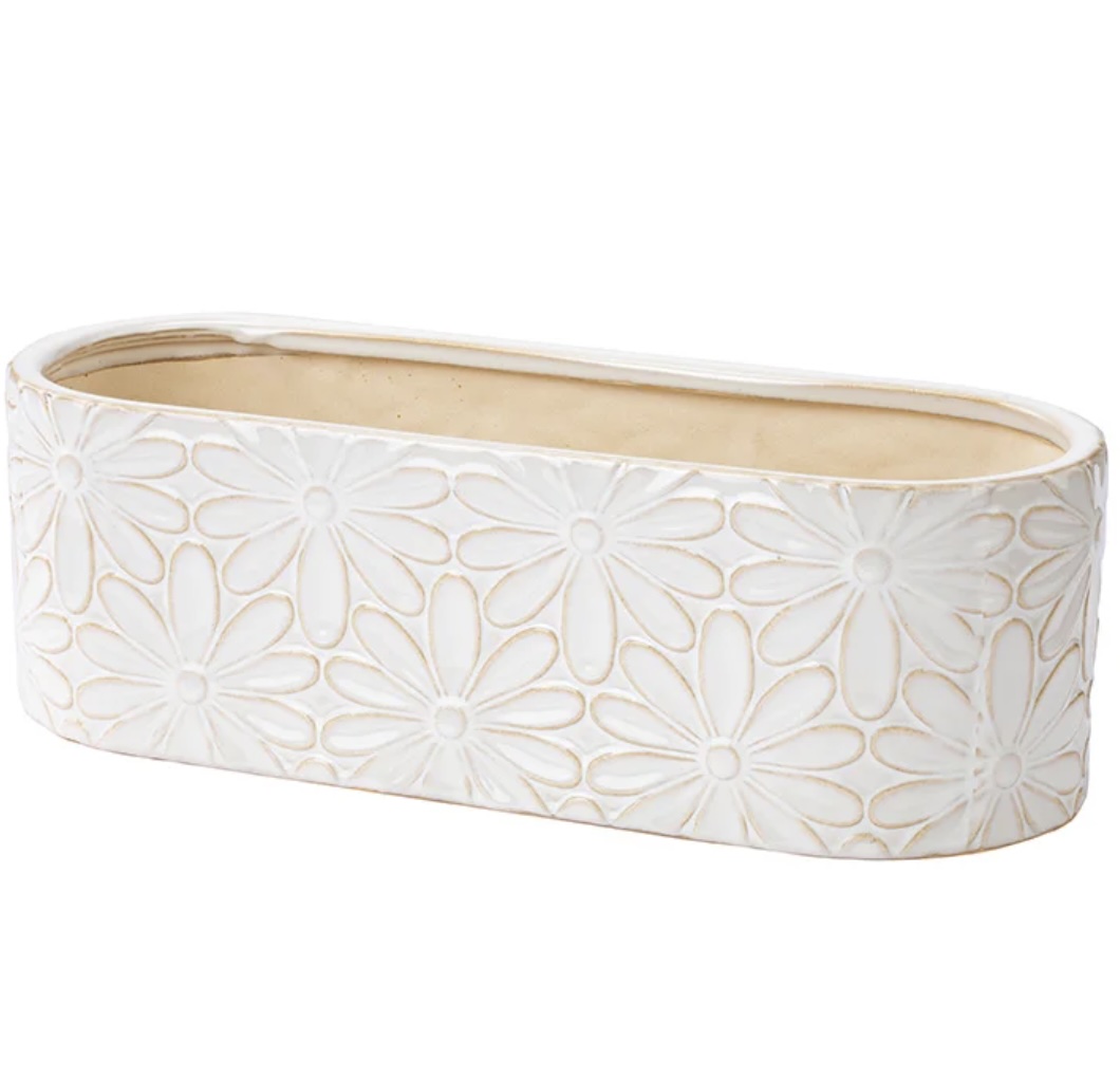 White Daisy Ceramic Long Oval Planter 14"