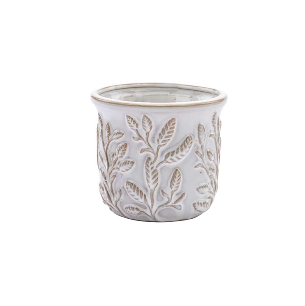 Cream Botanical Pattern Ceramic Planter 4"