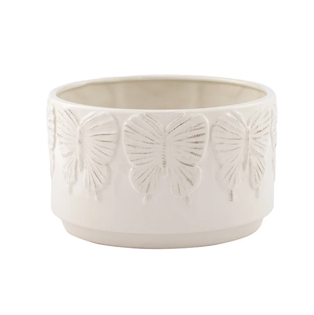 Large White Butterfly Pattern Ceramic Planter 7"